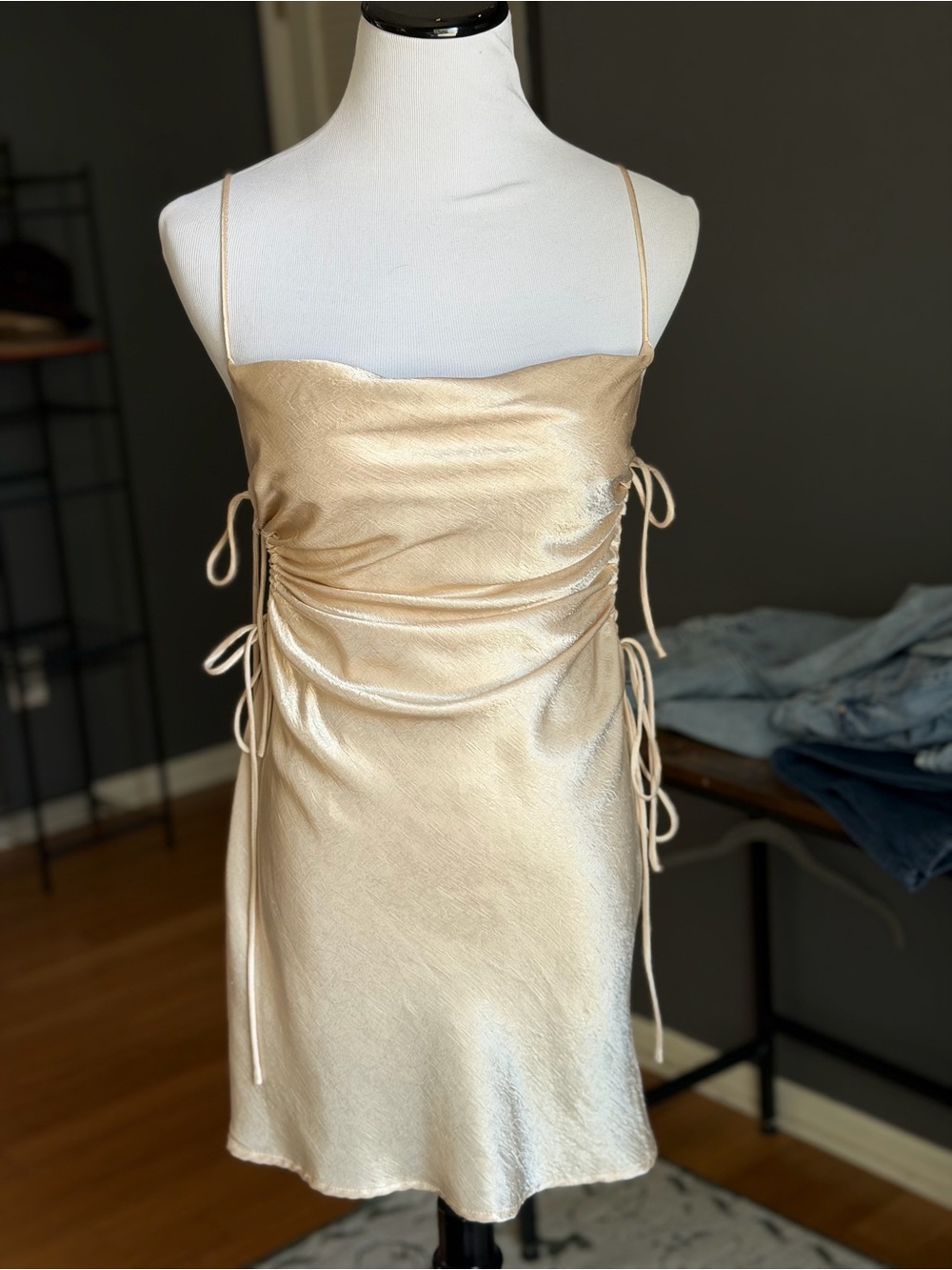 Hygge by Tarryn Satin Ruched Mini Dress S Champagne Y2K Tie Side
